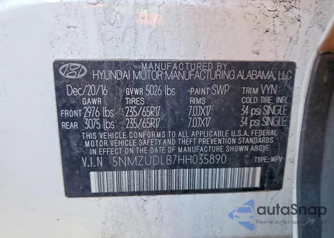 2017 Hyundai Santa Fe Limited 2.0T из США, поврежденный, VIN 035890